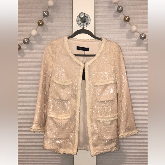 ✨❤️ZARA NWT blush/champagne sequin blazer small sparkly fun and classy!✨ - Picture 1 of 9